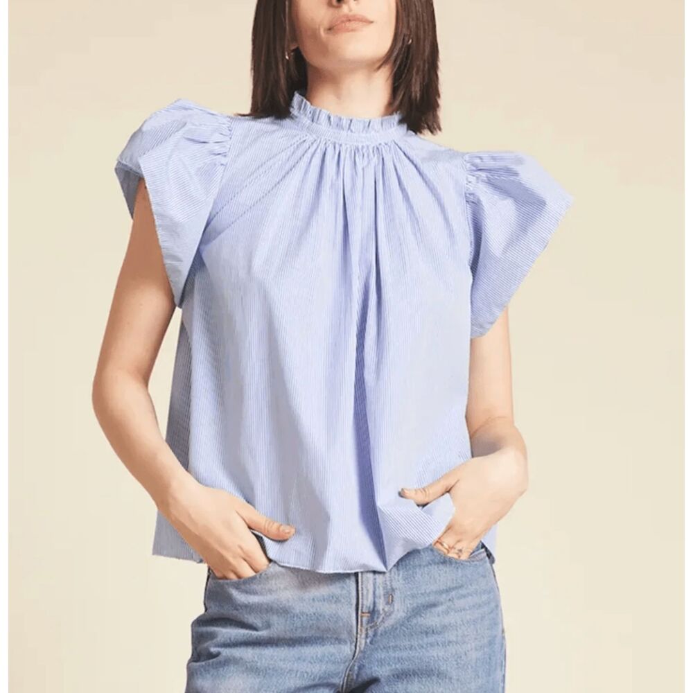 TRAVOTA BIRDS OF PARADIS Carla Ruffled Blouse Blue/White Stripe Large